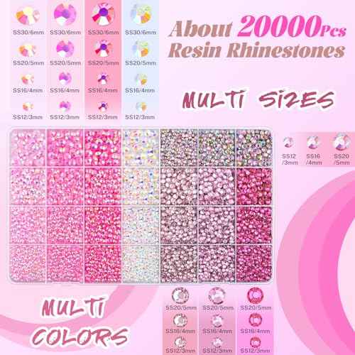 20000Pcs Pink Rhinestones for Bedazzling with B7000 Jewelry Glue, Resin Rhinestones for Crafting Crafts DIY, Bedazzler Kit Gems for Clothing Shoes Tumblers Fabric Nail Art Assorted Size 3/4/5/6mm