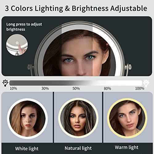 Rechargeable Makeup Mirror Wall Mounted with Double Side 1X/10X Magnification,3 Color Lights Touch Screen and 360¡Æ Swivel Extendable(Brushed Grey)