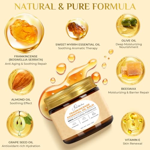 Frankincense Balm 2oz, Frankincense Essential Oil with Myrrh for Soothing Relief, Muscle Relaxation, Boswellia Serrata, Olive Oil, Vitamin E, Moisturizer for Dry, Cracked Skin