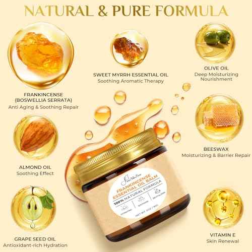Frankincense Balm 2oz, Frankincense Essential Oil with Myrrh for Soothing Relief, Muscle Relaxation, Boswellia Serrata, Olive Oil, Vitamin E, Moisturizer for Dry, Cracked Skin