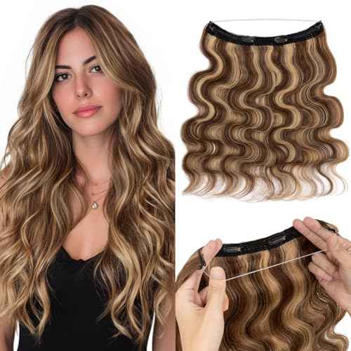 MY-LADY Wavy Halo Hair Extensions Real Human Hair for Women Medium Brown & Dark Blonde Clip in Remy Hairpiece with Adjustable Invisible Wire 20 Inch 70G