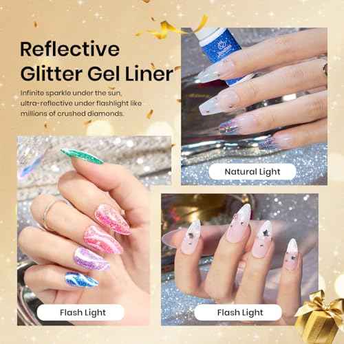 Beetles Nail Art Gel Liner Polish 12 Colors Reflective Glitter Gel Nail Polish, Gold Silver Pink Blue Purple Brown Black Kit Soak Off Uv Nail Art Design Set Summer Manicure Gifts for Women