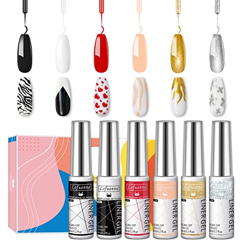 lofuanna Nail Liner Gel Polish Set Nail Art Gel Polish, 6 Colors White Black Red Glitter Painting Drawing Gel Kit Built Thin Nail Art Brush in Bottle Gel Pens Soak off DIY for Home Salon