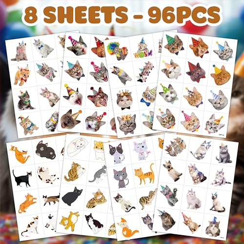 96 PCS Funny Cat Pre-cut Temporary Tattoos Sticker Pet Animal Cats Themed Birthday Party Supplies Decorations Decor Favors Game Gifts Girls Boys Baby Showers Cute Fake Tattoo School Reward Home