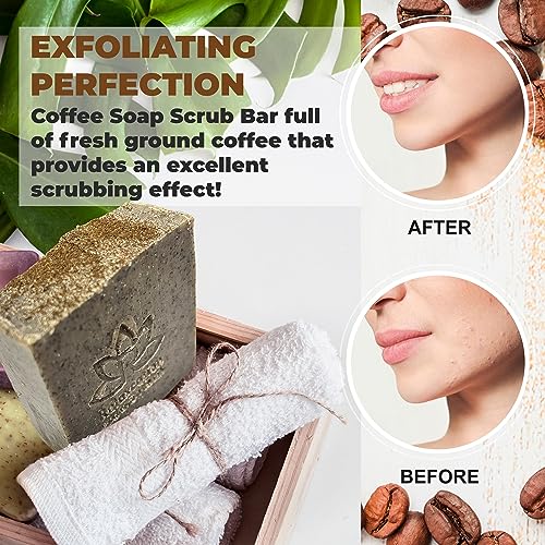 Relaxcation Handmade Coffee Scrub Soap Bar ? Natural Exfoliating Soap with Fresh Ground Coffee, Cocoa Butter & Latte Aroma ? Cold Process Body Scrub Bar - (5 bars)
