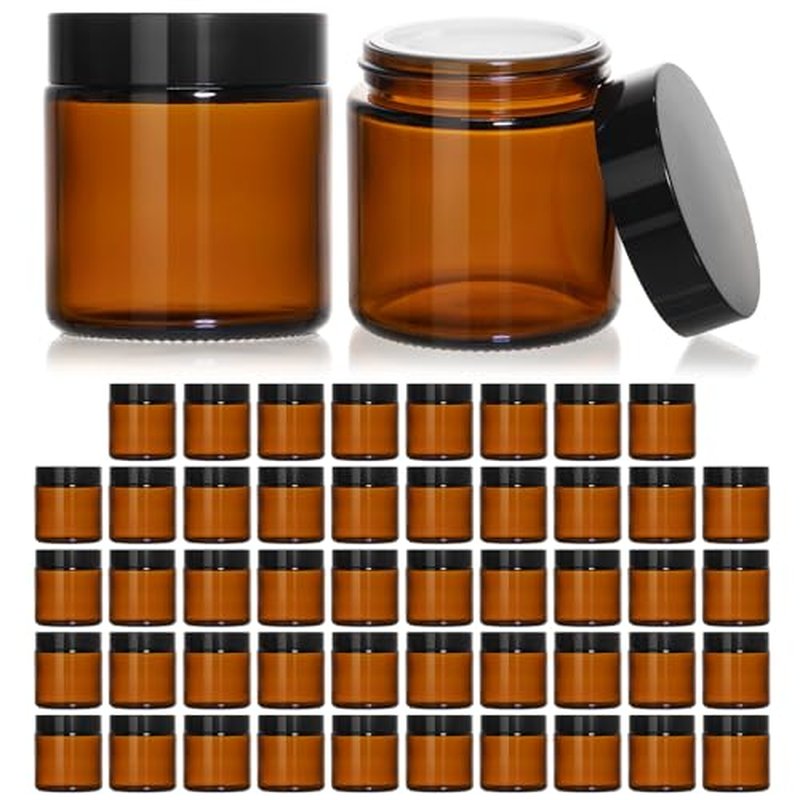 4oz Amber Glass Jars with Black Lids, 48 Pack