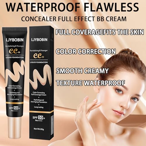 Hydrating CC Cream with SPF 50+ PA++++,Waterproof Flawless Concealer Full Coverage BB Cream for All Skin Types,Long Lasting Moisturizing Full Coverage Liquid Foundation for Men & Women（Natural）