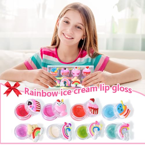 8PCS Cute Lip Gloss for Girls, Party Favors Lip Balm Set for Kids, Assorted Fruity Flavors Cute Cupcake of Rainbow Designs Birthday Gift