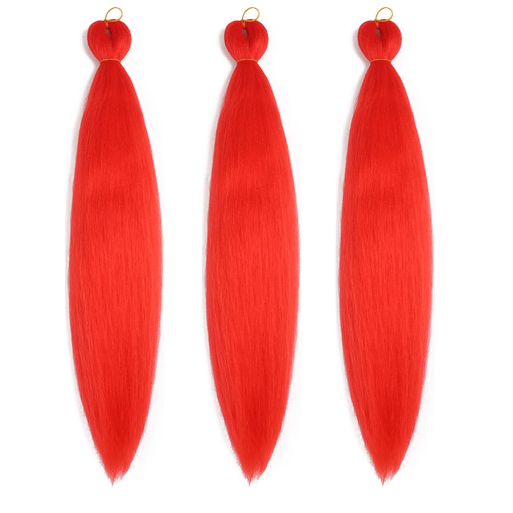 Pre Stretched Braiding Hair 26 Inch Ombre Red Kanekalon Braiding Hair Extensions Hot Water Setting Crochet Box Braids Hair (26 Inch (Pack of 3), Scarlet Red)