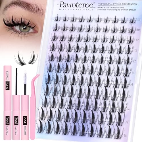 Pawotence Manga Lash Clusters Kit Eyelash Clusters 8-18mm Lash Extension Kit Fairy Individual Lashes Cluster Wispy with Lashes Cluster Glue, Tweezers for Invisible Band Cluster Eyelash Extensions Kit