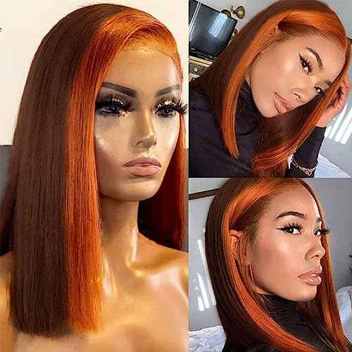 Ginger Orange Highlight Skunk Stripe Short Bob Wigs Human Hair Chocolate Brown Straight Bob Wigs Ombre 13x4 HD Lace Frontal Wigs Brazilian Virgin Human Hair Wig 150% Density Pre Plucked 10 Inch