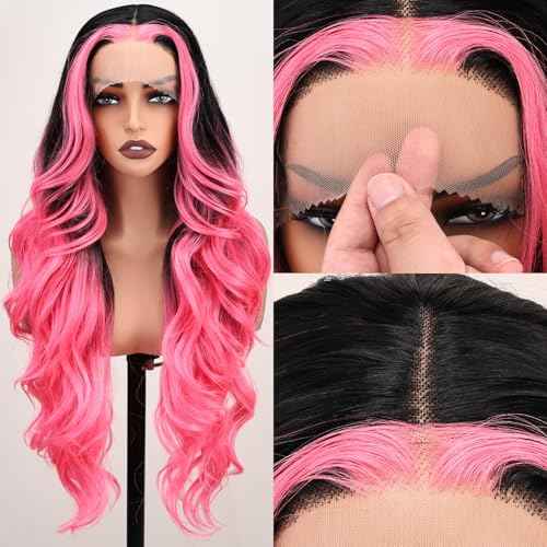 SISgrace Pink Highlight Wig Lace Front Wigs Synthetic Body Wave Wig Wear and Go 13x4x1 T-part Lace Middle Part Synthetic Wigs 28 Inch Pre-Plucked HD Glueless Lace Front Wig for Women