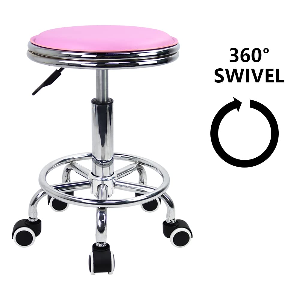 KKTONER Round Rolling Stool with Foot Rest PU Leather Height Adjustment Modern Industrial Metal Style Swivel Spa Salon Tattoo Work Massage Stools Small (Purple Pink)