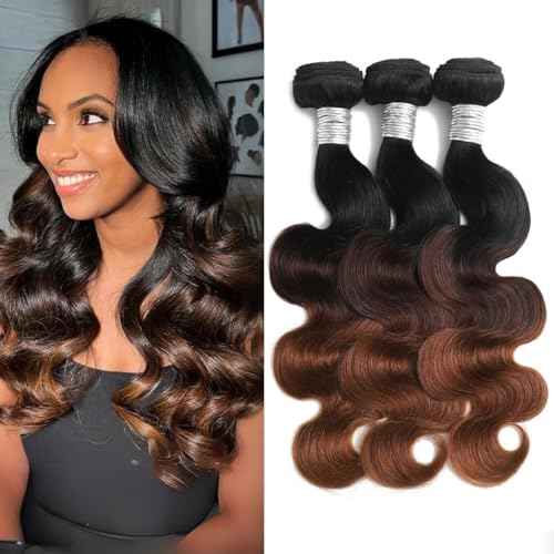12A Ombre Body Wave Bundles Human Hair 16/18/20 Inch, T1B/2/30 Chestnut Brown 3 Tone Colored Human Hair 3 Bundles With Dark Roots 100% Remy Hair Thick Wavy Keep Soft after Washing