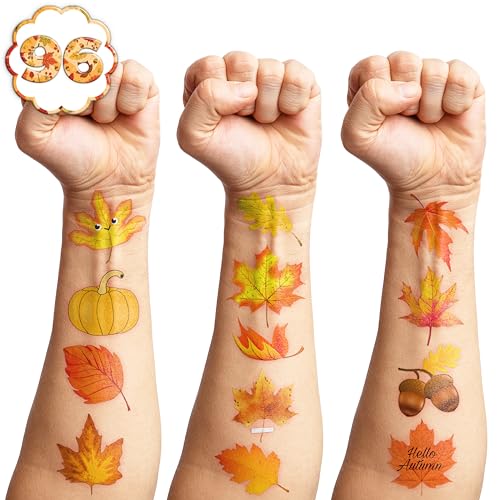 96 Fall Temporary Tattoos for Kids - Autumn Leaves & Pumpkins