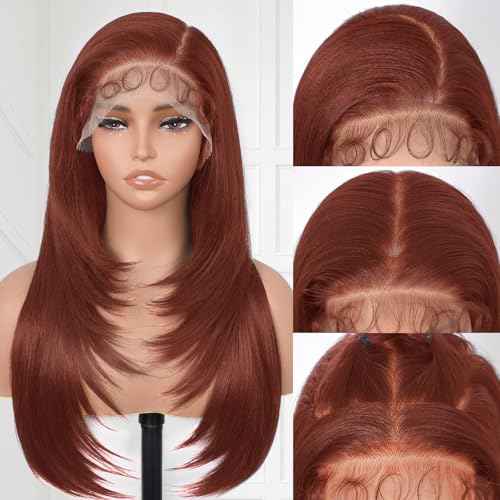 Synthetic Lace Front Wig 13x6 HD Glueless Lace Frontal Wig Pre Plucked Hairline with Baby Hair Long Yaki Straight Layered Lace Wigs for Black Women Daily Use (35, 24 Inch)