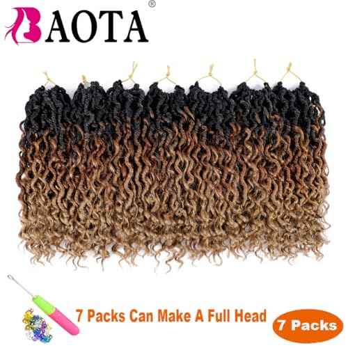 Goddess Locs Crochet Hair 7 Packs Crochet Hair for Black Women Ombre Pre-looped Faux Locs With Curly Ends Synthetic Hair Extension 12 Inch (1B/30/27#)