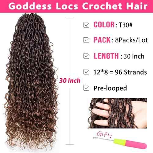 30 Inch Goddess Locs Crochet Hair 8 Packs Ombre Crochet Goddess locs Boho Hippie Locs Hair Faux Locs Crochet Hair with Curly Ends Pre-looped River Locs Crochet Hair for Black Women(T30#)