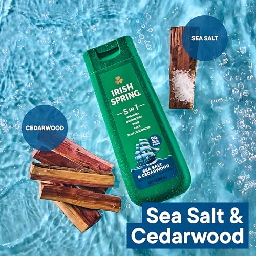 Irish Spring 5 in 1 Moisturizing Body Wash for Men, Shampoo, Conditioner, Body and Face Wash, and 24 Hour Deodorizer, Paraben-Free, Sea Salt & Cedarwood Scent, 20 fl oz, 4 Pack