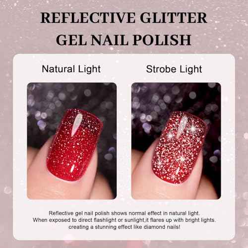 RARJSM Red Reflective Glitter Gel Nail Polish Holographic Rainbow Iridescent Sparkle Flash Diamond Shimmer LED UV Soak Off Gelpolish Nail Art Manicure Salon DIY at Home 1pcs 7.5ml