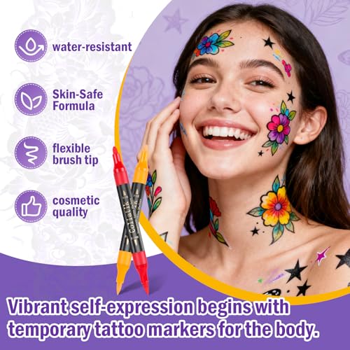 Temporary Tattoo Markers Kit – 16 Colors & 80 Stencils