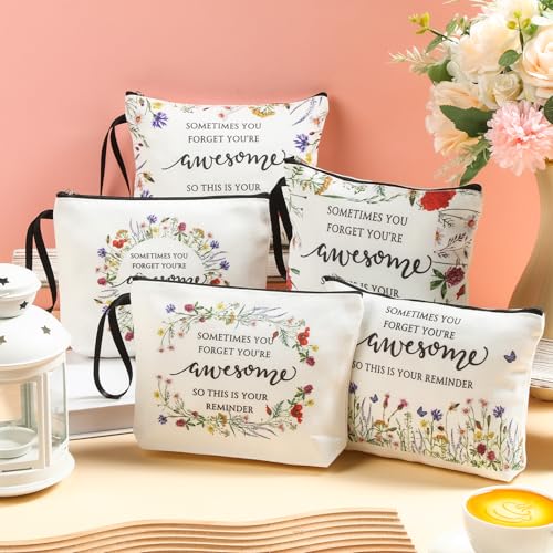 Reginary 20 Pcs Makeup Bags Gift for Women Bulk Inspirational Flower Canva Cosmetic Bag with Zipper You Are Awesome Thank You Gift for Staff Employee Coworker Team Nurse Caregiver (Inspirational)