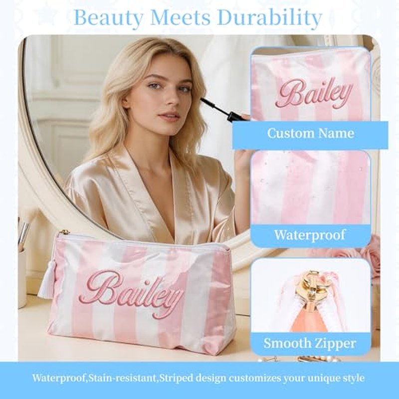 Personalized Striped Waterproof Makeup Bag with Custom Name