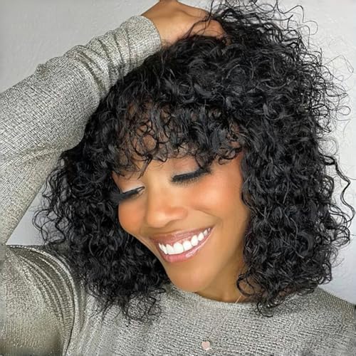 12 Inch Short Curly Bob Wig with Bangs - Brazilian Human Hair