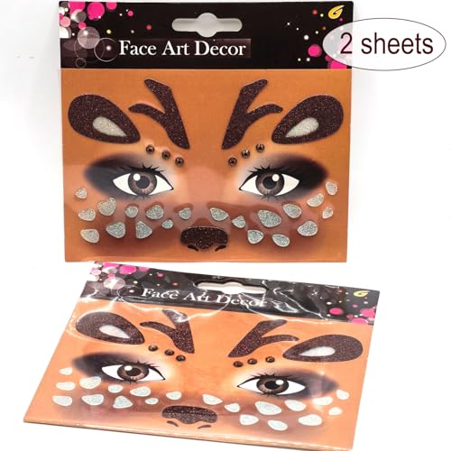 Glitter Christmas Reindeer Face Stickers - Brown Elk Tattoo