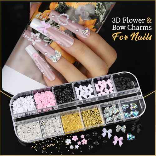 Teentior Nail Charms Nail Stickers with Nail Gems Kit, 8 Boxes Nail Art Rhinestones Gold Rhinestones for Nails, Nail Charms and Gems Pearls for Nails, 3D Nail Art Design Kit Nail Decorations for Women