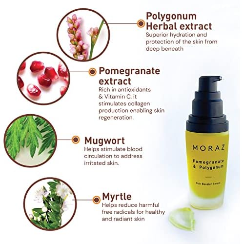 Moraz Skin Booster Vitamin C Face Serum with Pomegranate Extract, Polygonum, Myrtle, Mugwort, Jojoba Oil & Vitamin E ? SLS & Paraben Free Anti Aging Serum ? Antioxidant Glow Serum for Face, 1.1 Fl Oz