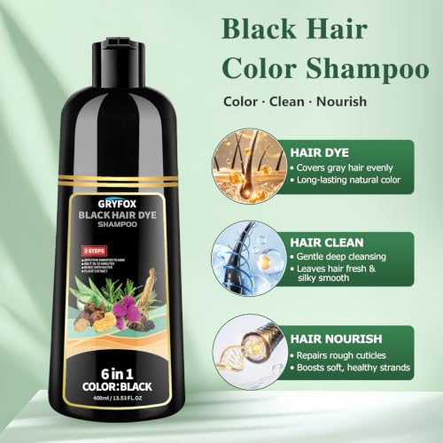 GRYFOX Black Hair Dye Shampoo for 100% Gray Coverage - 15 Min