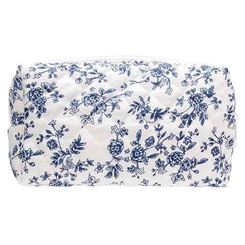 PAZIMIIK Vintage Quilted Makeup Bag Cosmetic Pouch for Brushes Pencils and Travel Make Up Accessories for Women and Girls Jouy Blue