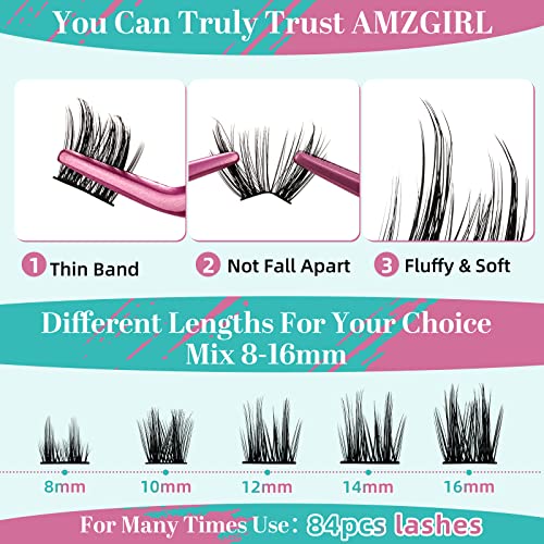 Lash Extension Kit Individual Lash Clusters Kit Bottom Lashes,Fishtail Fan,20D Spike Fan,30D Clusters,Lash Bond and Seal Eyelash Remover and Lash Tweezer DIY at Home by AMZGlRL(D-Mix5-16mm kit)