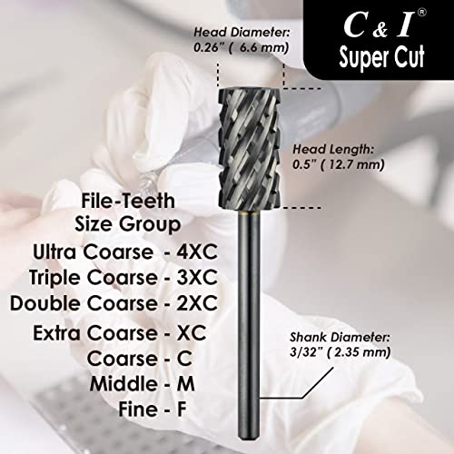 C & I Nail Drill Bit, Super Cut Edition – Upgrade File Teeth, Large Barrel, Professional E File for Electric Nail Drill Machine, Good to Remove Super-Hard Nail Gels (Extra Coarse -XC)