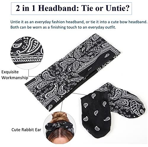 Boho Paisley Bandana Headbands for Women with Bow - 6 Pack