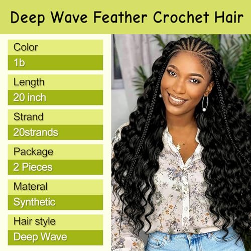 Bulvese Deep Wave Feather Crochet Hair 20 Inch 40 Strands Invisible Curly Braids for Black Women