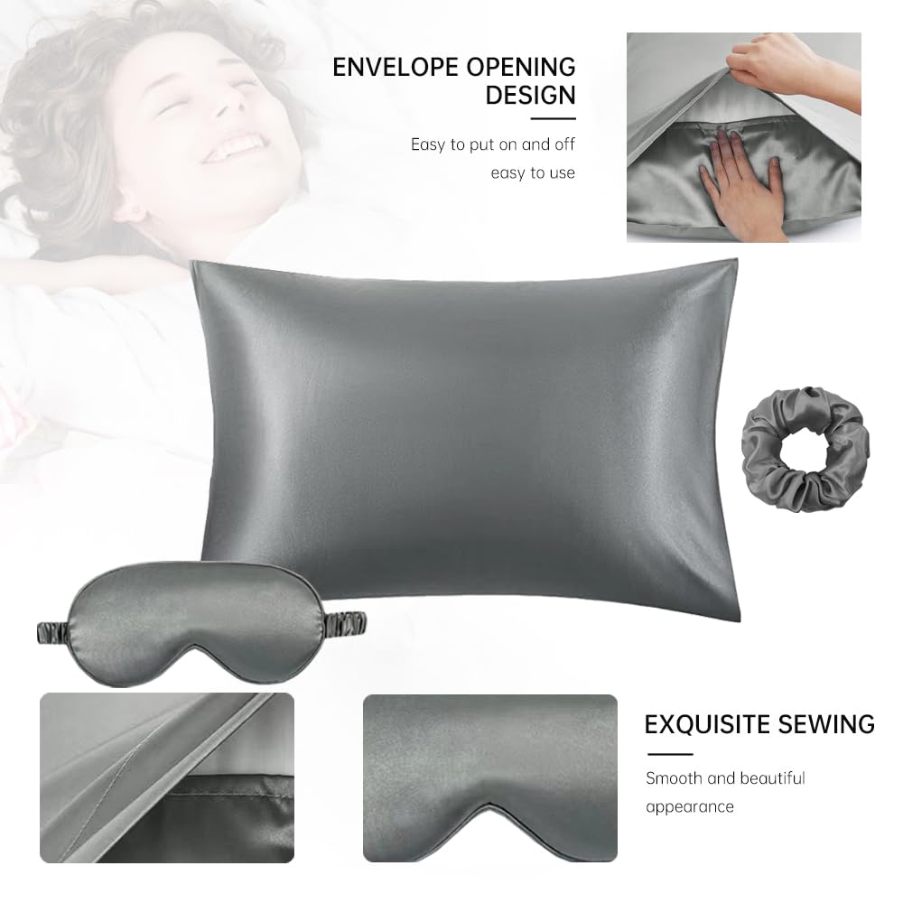 Silky Grey Satin Pillowcase Eye Mask 3-Piece Set 20"x30" Satin Pillow Case Sleep Mask and Scrunchies Blindfold Gift Set for Men Women (Gray)