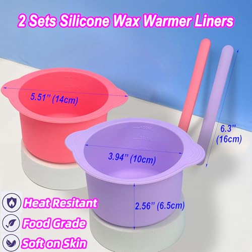 Silicone Wax Warmer Liners, 2-Pack Non-Stick Wax Pot Replacement with 2 Silicone Wax Sticks for Hair Removal, Gigi Wax Warmer, Kolua Wax Kit, Body Wax Warmer (Pink & Purple)