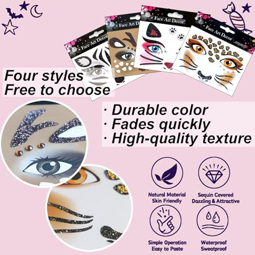Halloween Face Tattoo Stickers - Leopard, Cat, Elk, Zebra (4 Pack)