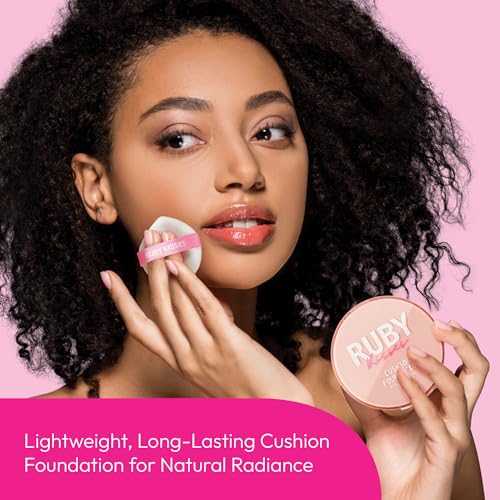 Ruby Kisses Cushion Foundation, Full Coverage Korean Makeup, Lightweight & Long Lasting, All Day Natural Glowy Finish for All Skin Types with Hyaluronic Acid & Bakuchiol (Caramel, 0.52 Ounce)