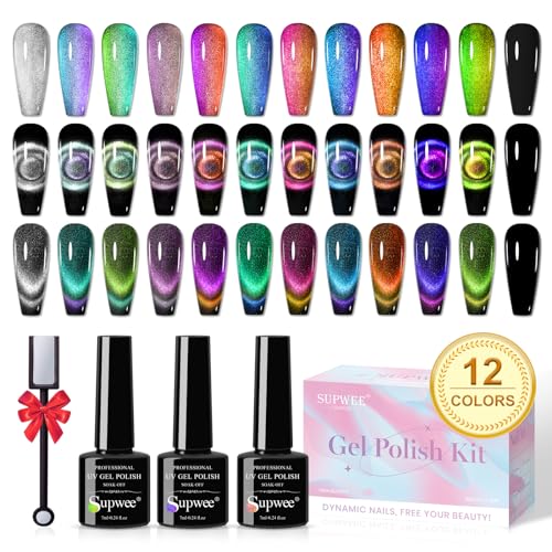 SUPWEE Cat Eye Gel Nail Polish Set - 12 Colors 9D Magnetic Nail Polish Gel Galaxy Cateye Nail Gel Polish with 1 Black Gel and Magnetic Lamp Cure Required Home Manicure DIY Nail Art