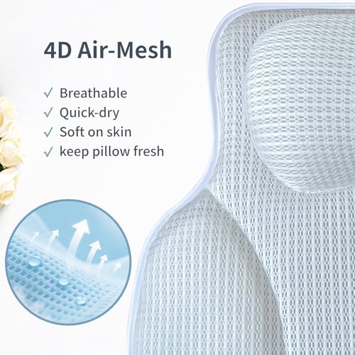 Luxury Bath Pillows for Tub with 4D Mesh Fabric - Thick and Soft Ergonomic Head Neck Back Support, Quick-Drying White Bath Pillows with Anti-Slip Suction Cups, Spa Gift for Adults and Seniors