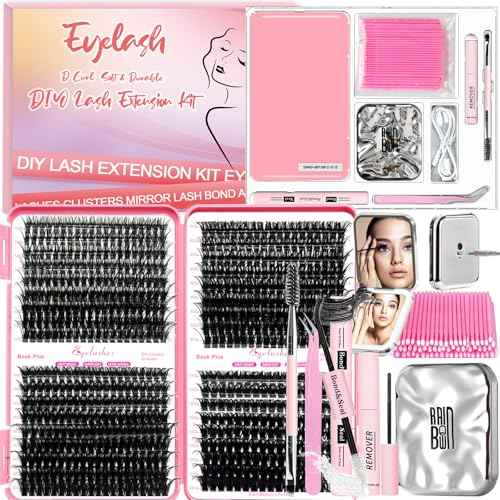 DIY Lash Extension Kit with 684pcs Lashes Clusters,1X/2X Magnification Compact Mirror with Light,Lash Bond and Seal,Eyelash Remover Tweezers Applicator Mascara Brush(50-60-80-100D)