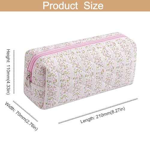 Cute Floral Cotton Makeup Brush Cosmetic Bag for Women, Travel Quilted Zipper Make Up Bag, Flowers Toiletry Organizer Case Kawaii Makeup Cosmetic Travel Cloth Pouch (Pink Floral)