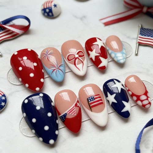 4th of July Press On Nails Medium Almond Red White Blue French Tip 30Pc