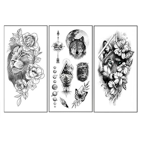Temporary Tattoos Lion and Wolf - 3 Sheets Waterproof