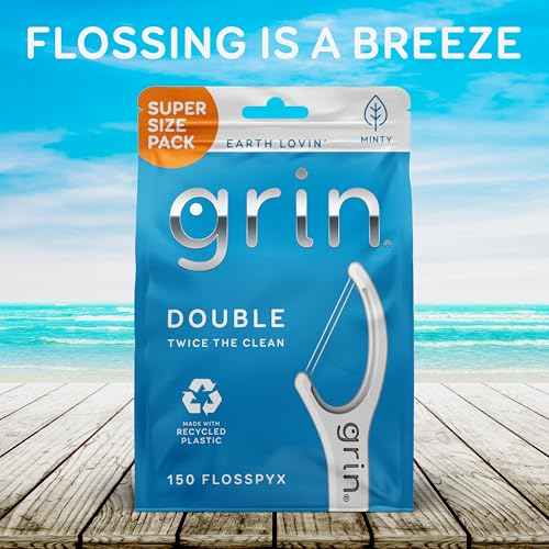 GRIN Double Flosspyx, Floss Picks, 150 ct, Dental Flossers, Minty Flavor, Recycled Plastic, 2 Lines of Strong Floss, Longer Floss Head, Traps Food and Plaque, Includes Safe Soft Fold-Back Tooth Pick