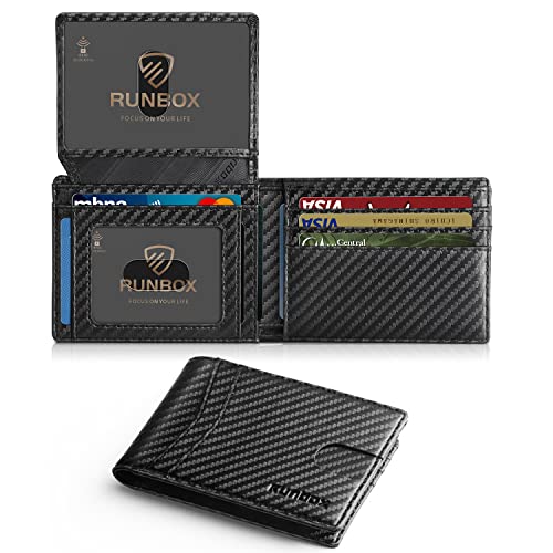 RUNBOX Carbon Black RFID Slim Leather Men’s Bifold Wallet with 15 Slots & Gift Box