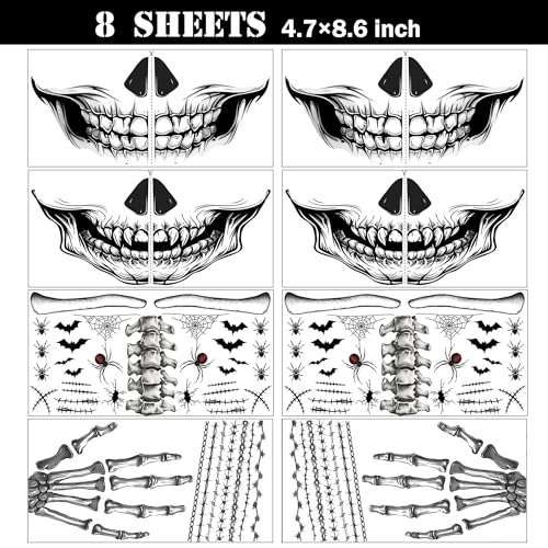 Halloween Skeleton Face Temporary Tattoo Stickers, 8-Pack